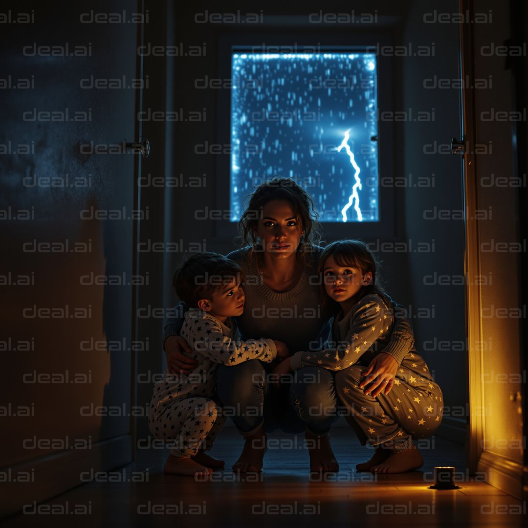 Family Huddled During Stormy Night