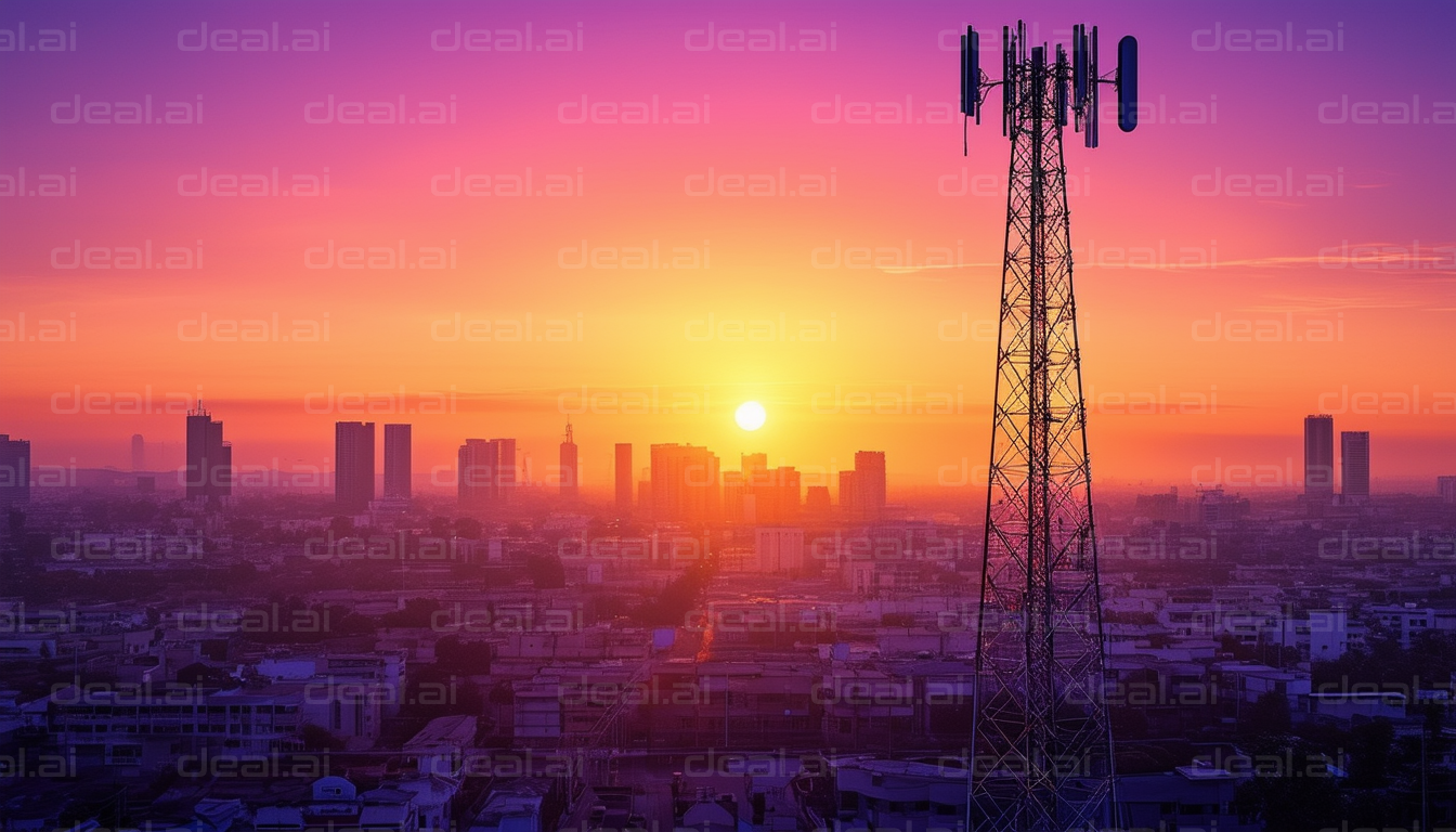 Sunset Over City Skyline with Tower