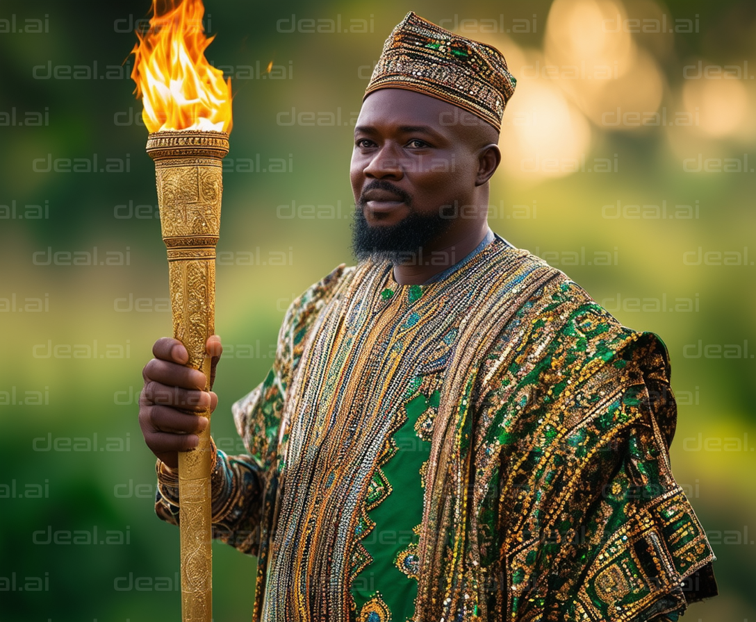 Man Holding Ornate Torch in Traditional Attire