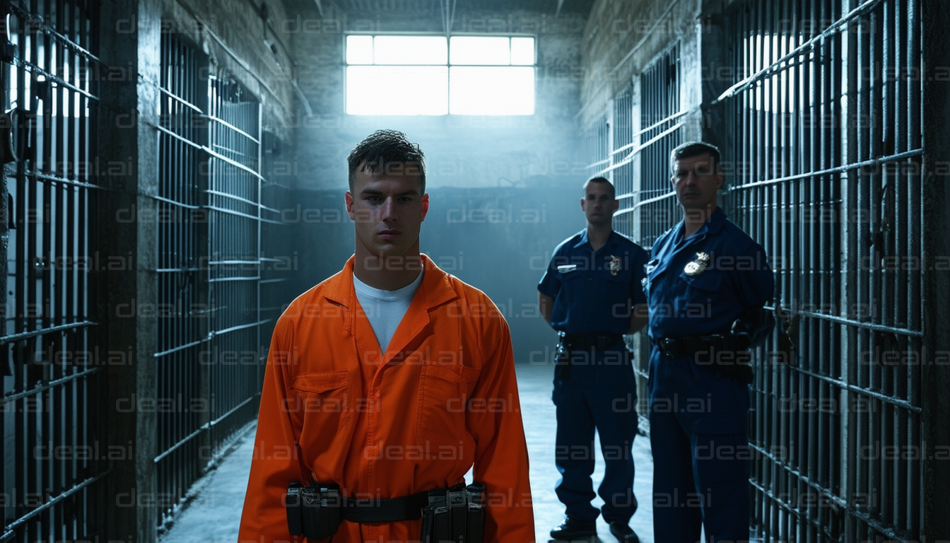"Inmate in Orange with Guards"