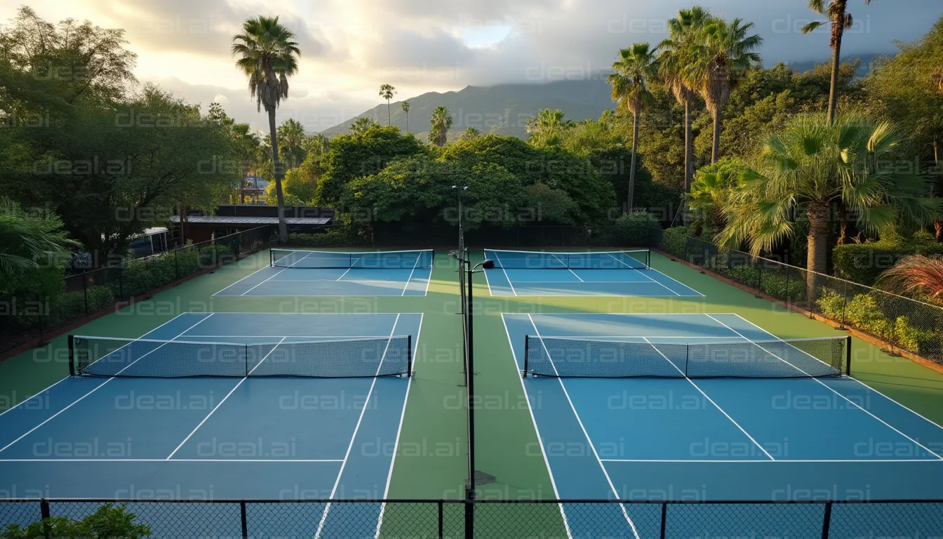Serene Mountain Tennis Courts at Dusk deal ai Art Marketplace
