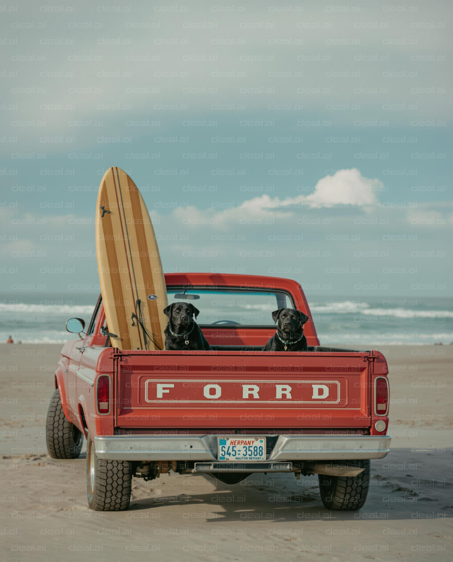 Beach Day with Dogs and Surfboard