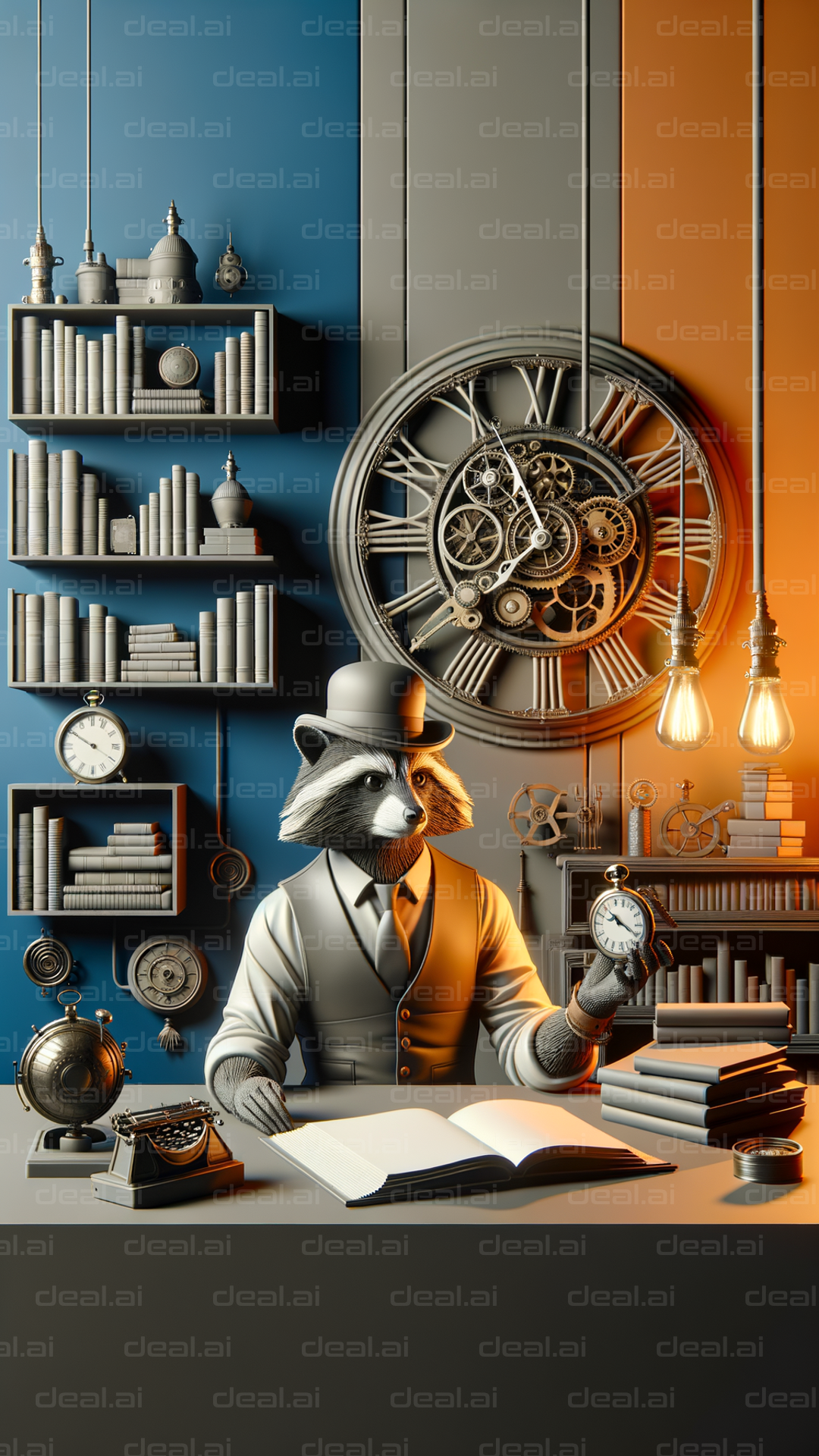 "Clockworking Raccoon in Steampunk Study"