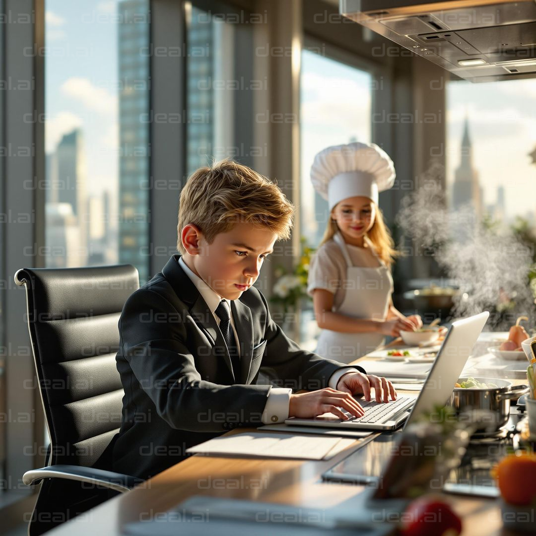 "Young CEO at Work While Chef Prepares"