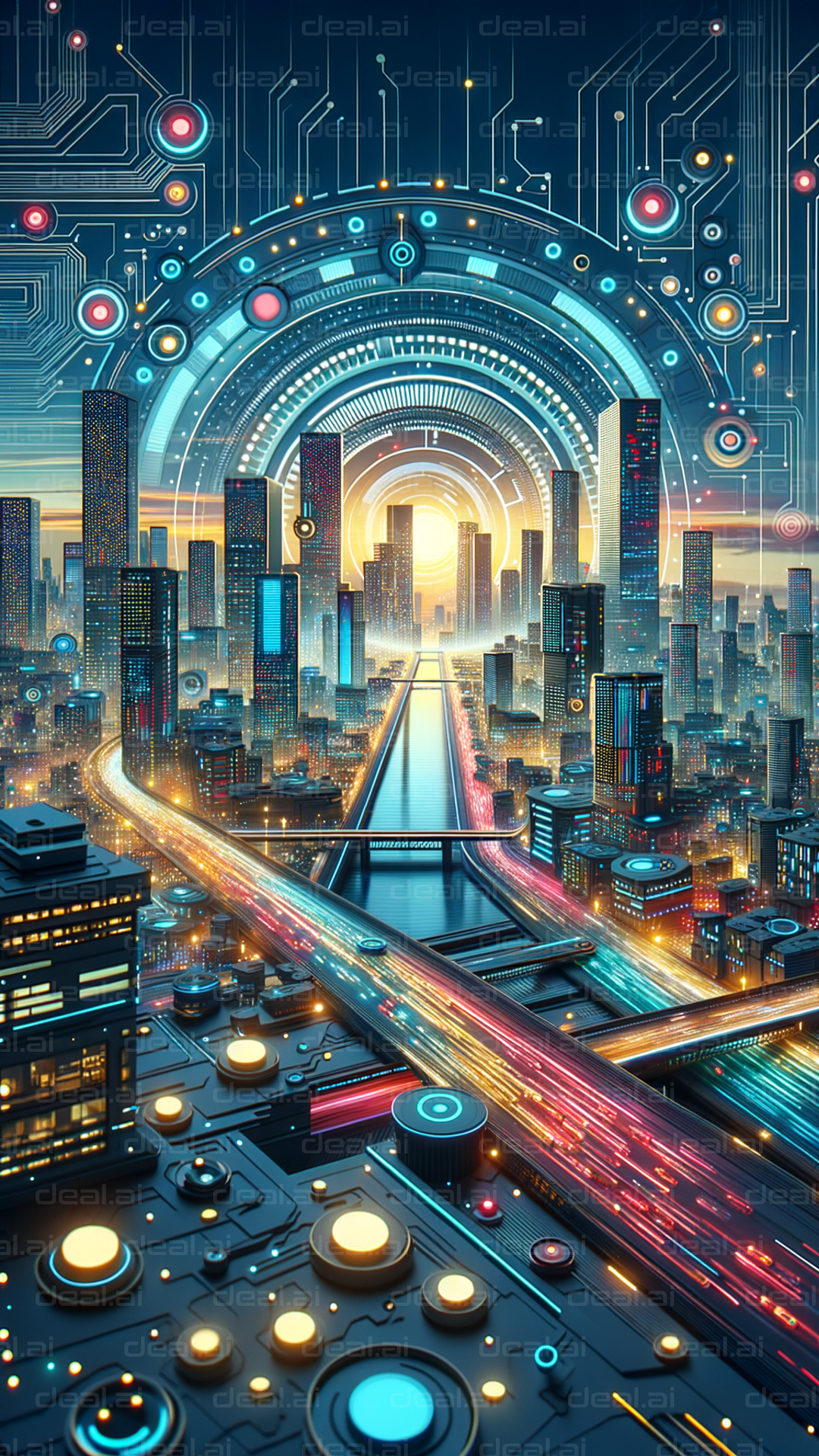 "Futuristic City of Lights and Circuits"