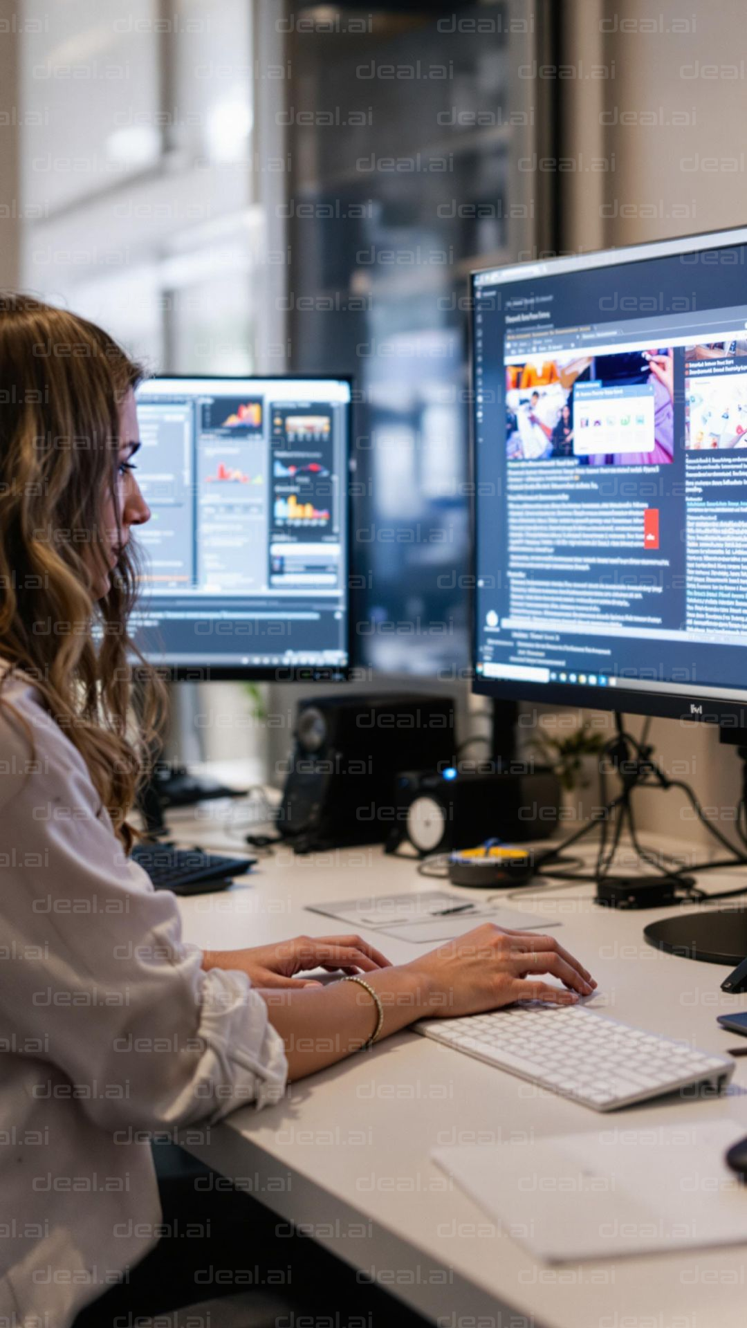 Woman Working on Dual Monitors