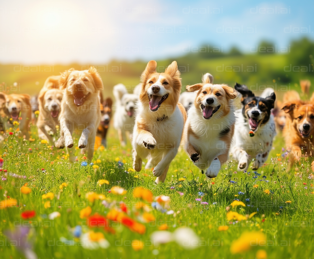 Joyful Dogs Running in a Sunny Field