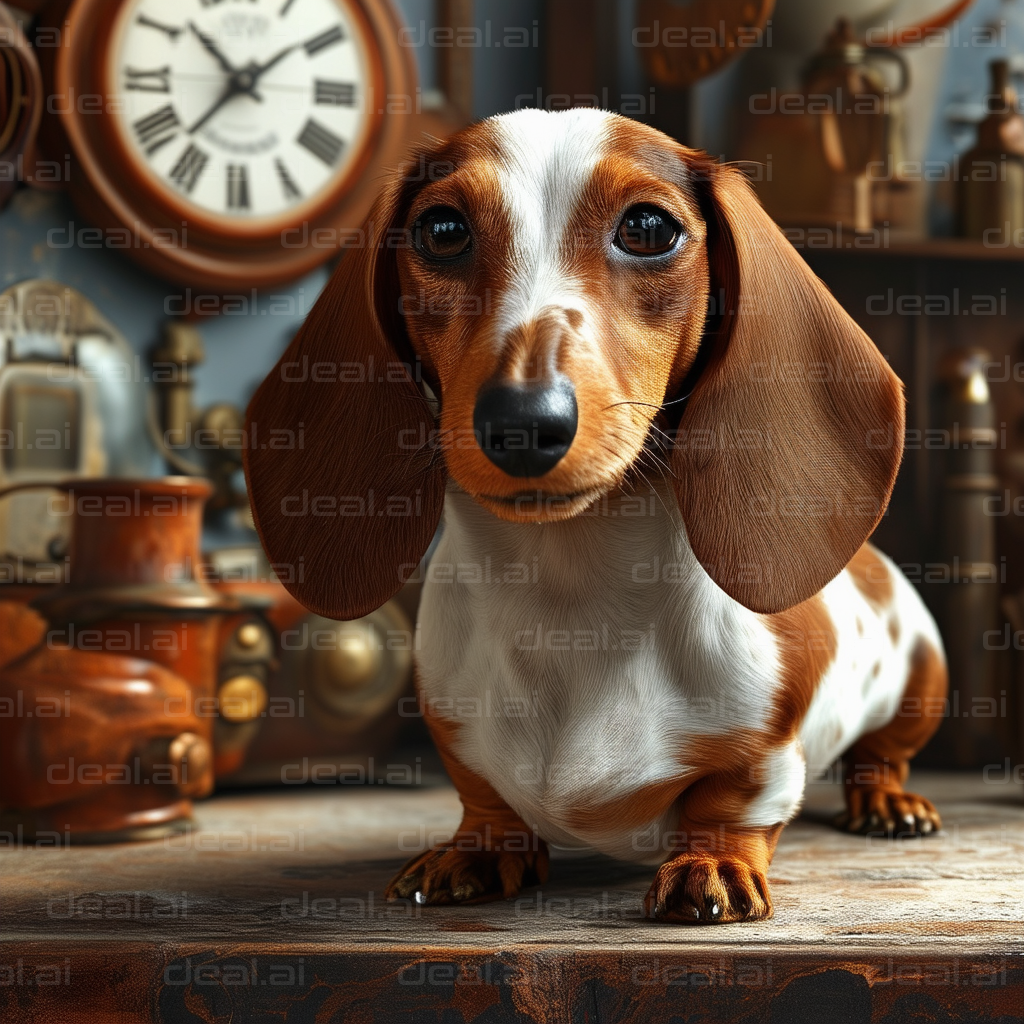 Curious Dachshund in Steampunk Setting