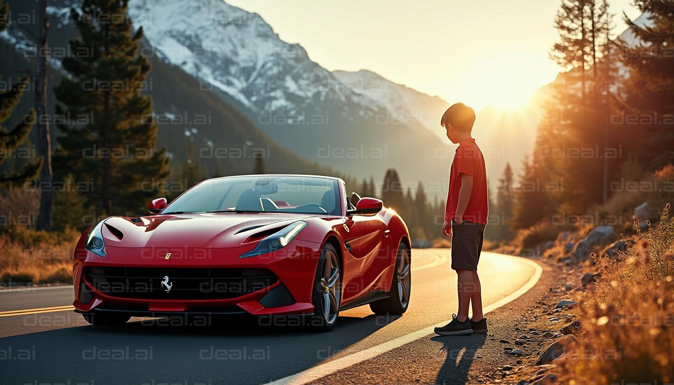 "Kid Admiring Red Car at Mountain Sunset"