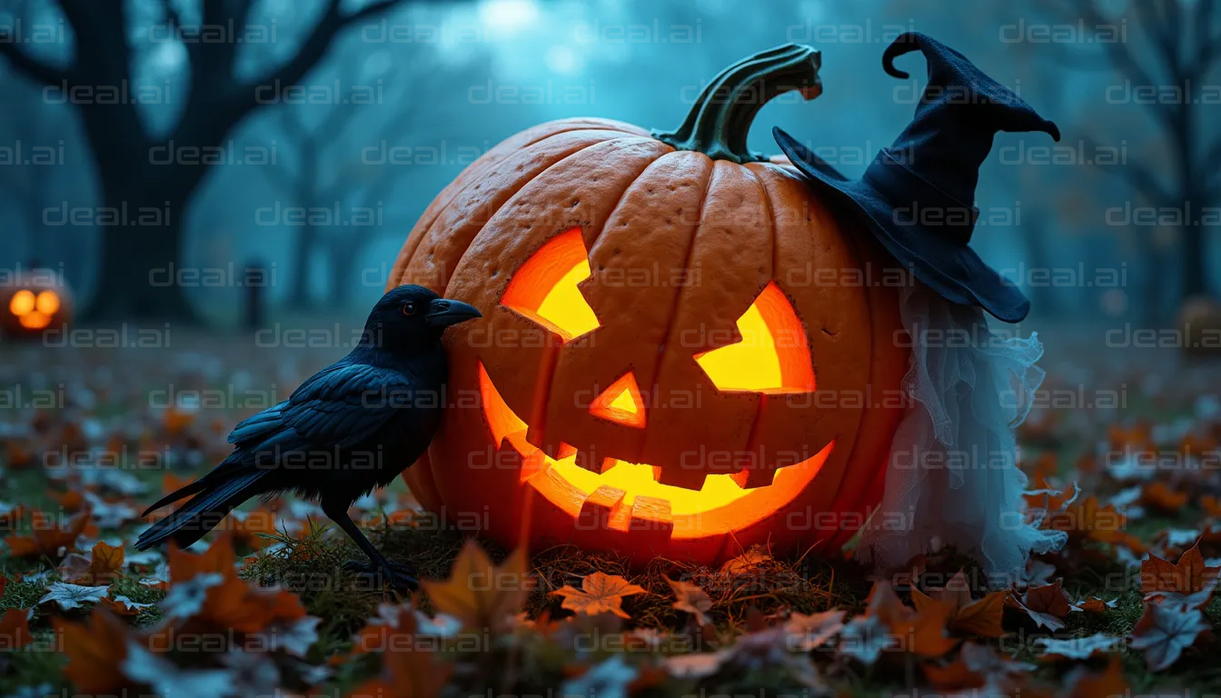 "Halloween Pumpkin and Crow in the Woods"
