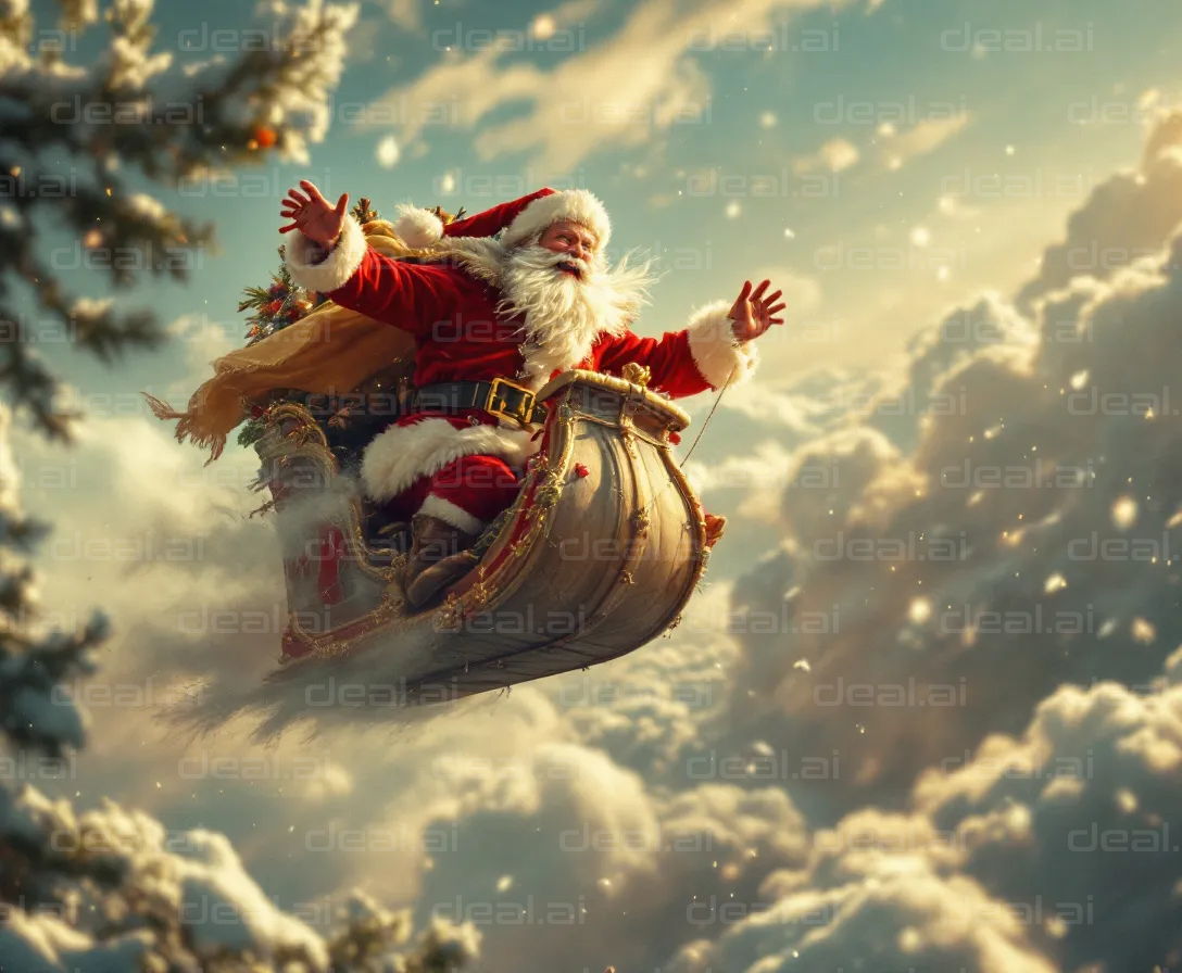 Santa Soaring Through the Clouds