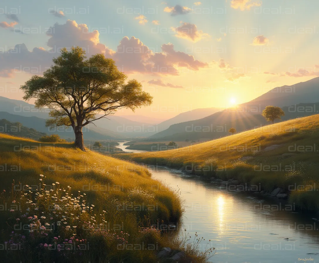 "Serene Sunset Over a Peaceful Stream"