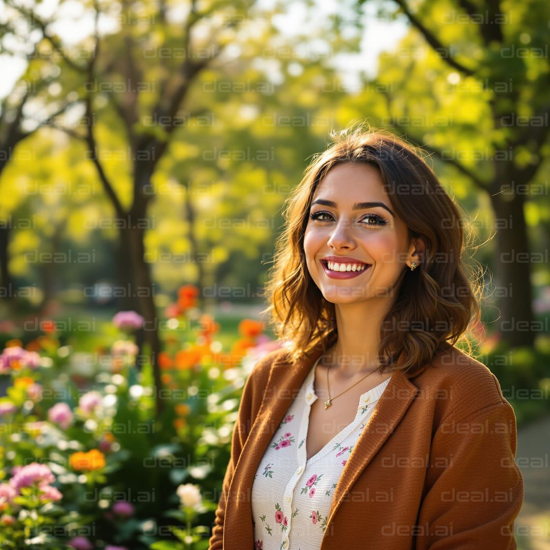 Woman Smiling in a Sunny Garden