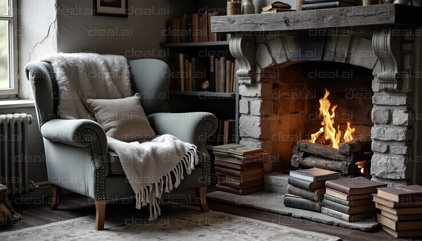 "Cozy Reading Corner by the Fireplace"