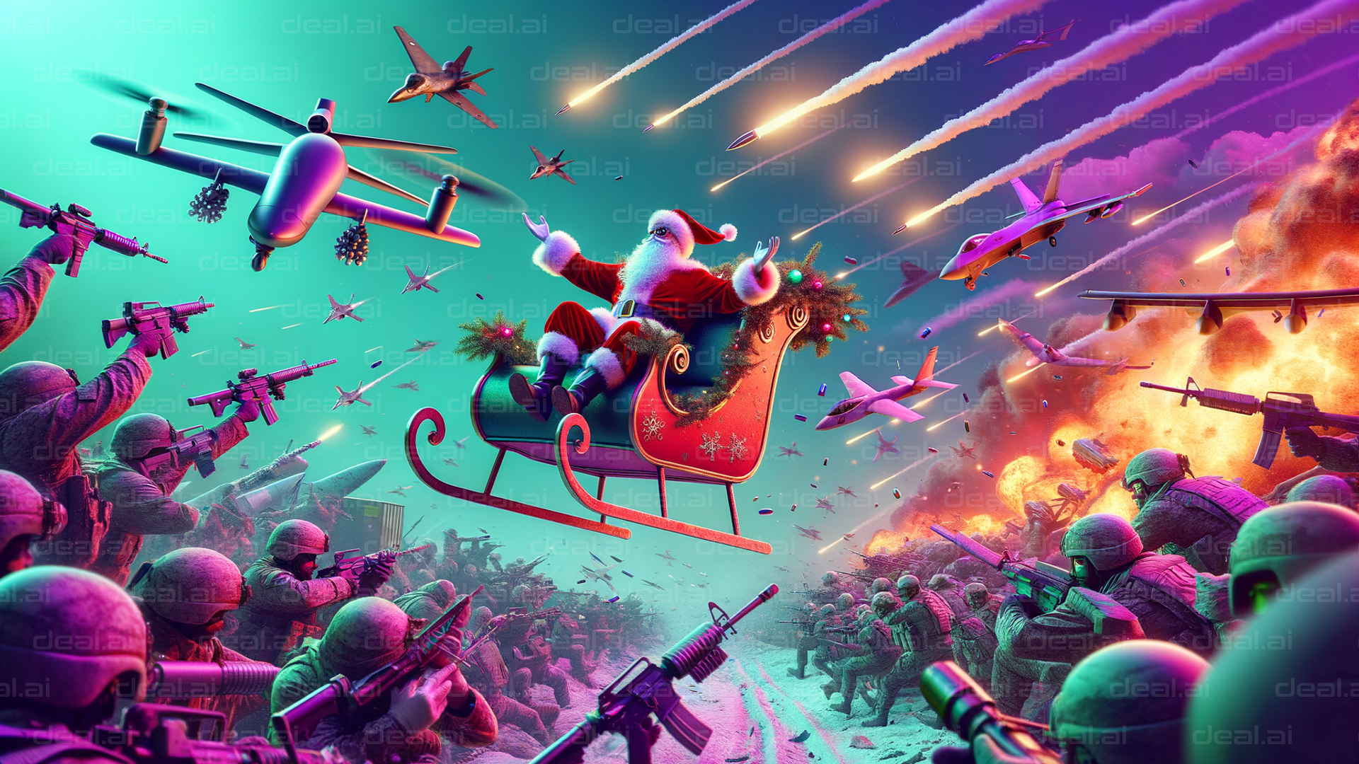 Santa's Sleigh Amidst Chaos