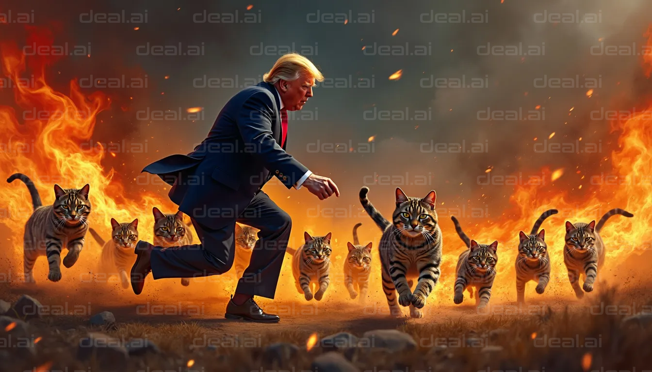 Man Running with Cats in Fiery Landscape