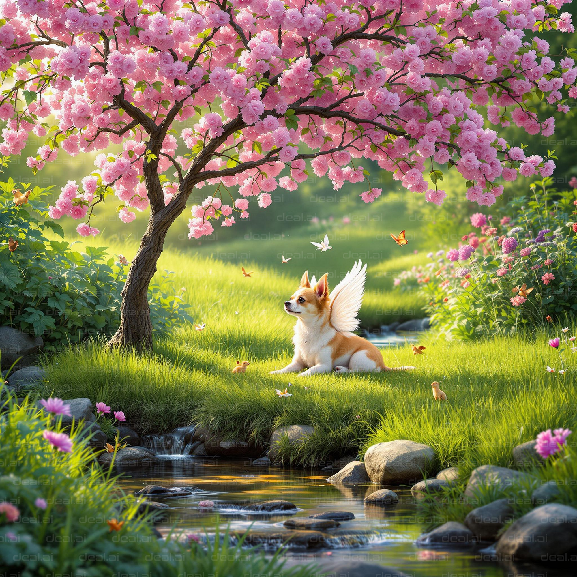 Winged Puppy Under Cherry Blossoms