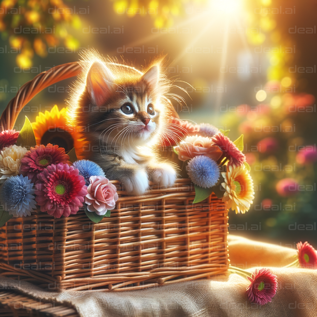 Kitten in a Floral Basket Bliss