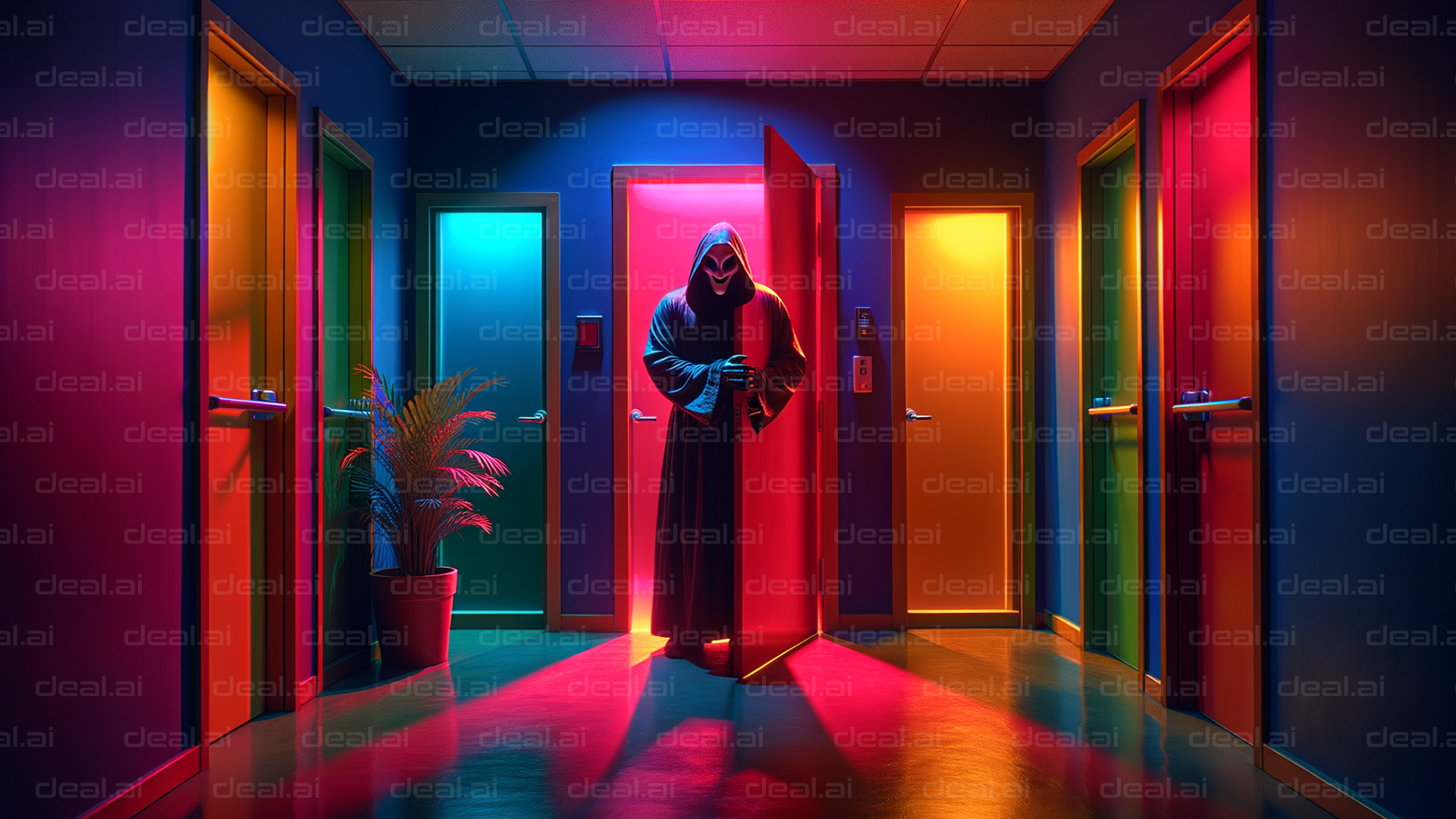 "Mysterious Figure in Neon Doorway"