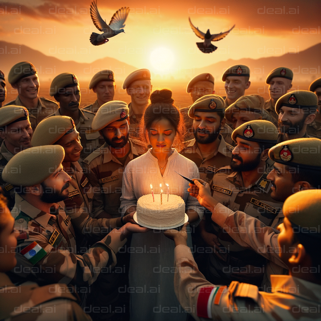 "Celebration at Sunset with Soldiers"