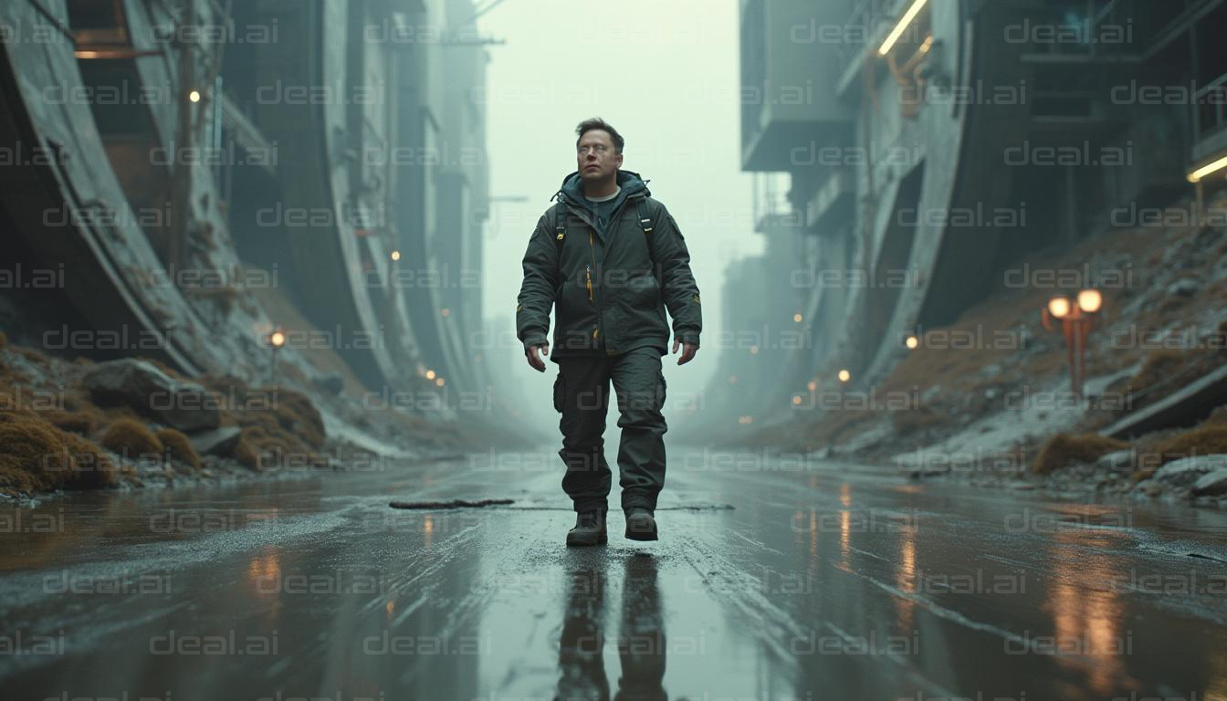 "Man Walking Through Futuristic Cityscape"