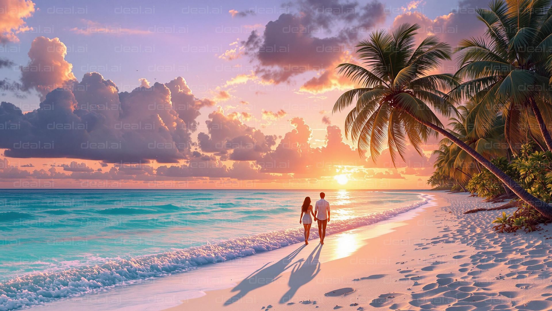 "Romantic Beachside Walk at Sunset"