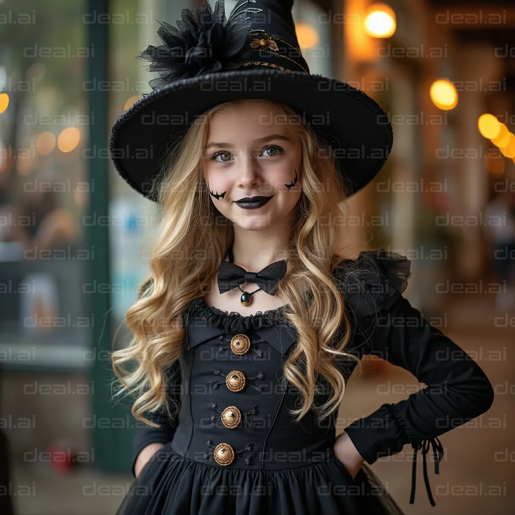 "Adorable Little Witch in Spooky Attire"