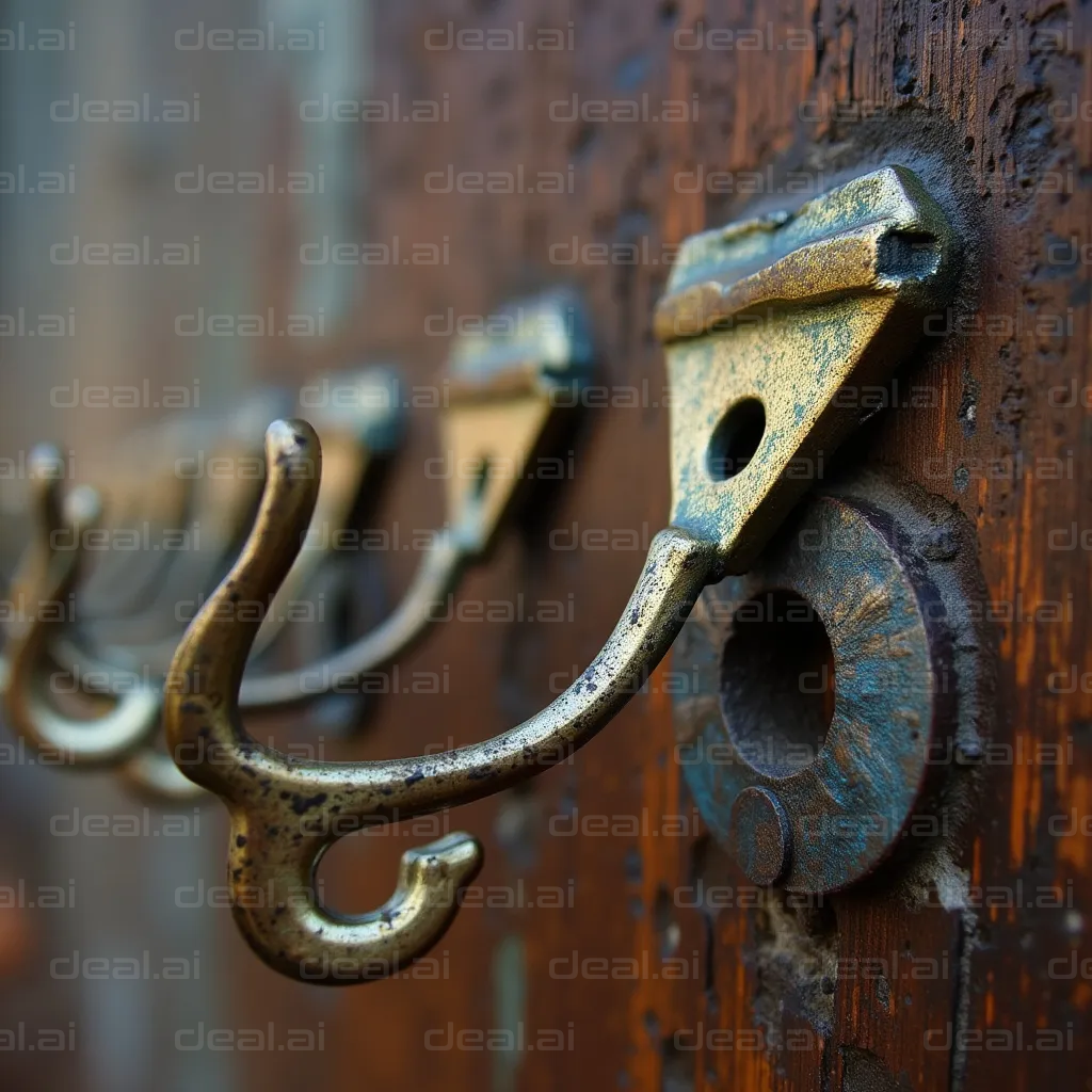 Antique Metal Hooks on Wooden Wall