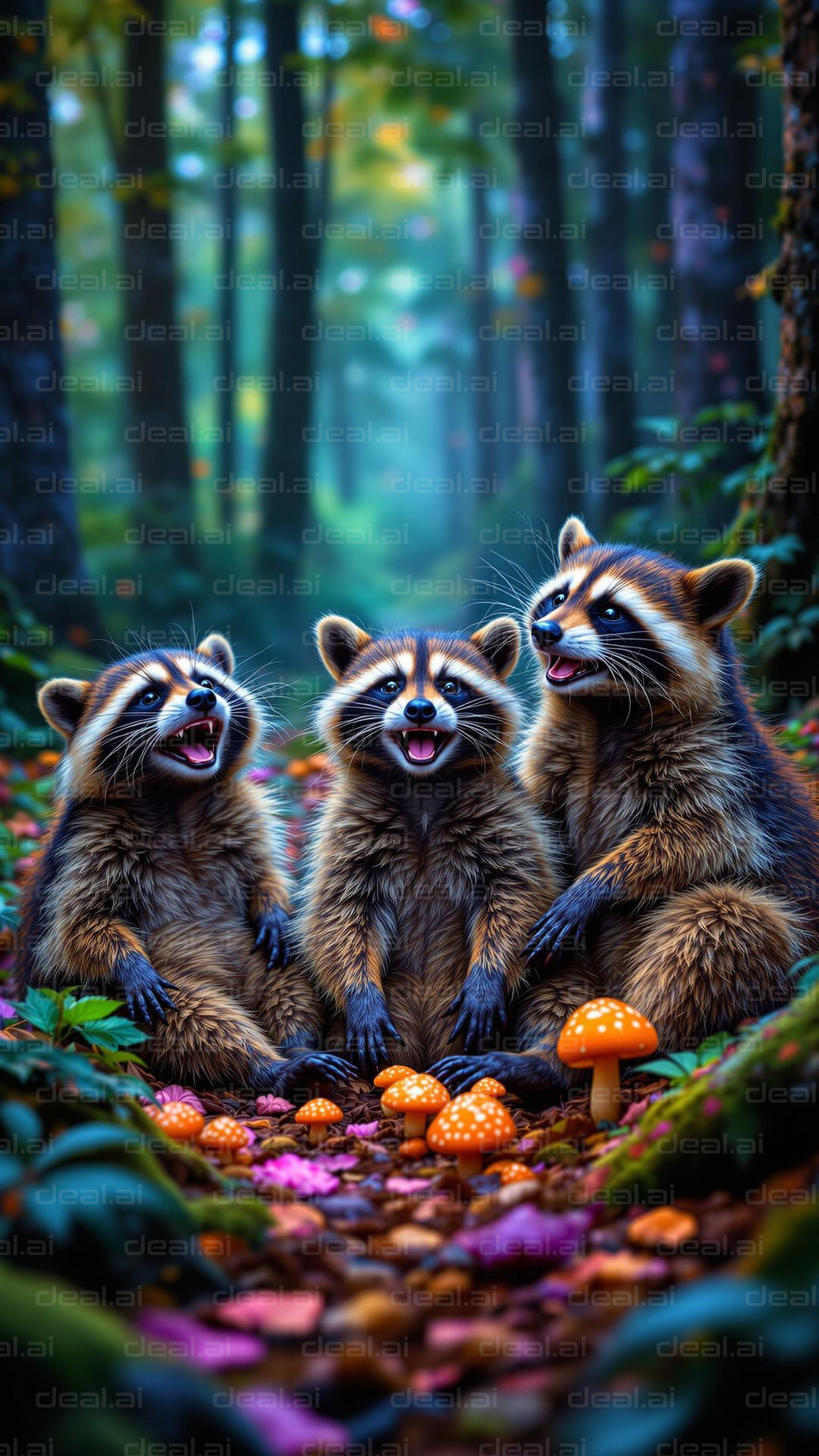 Smiling Raccoons in Magical Forest