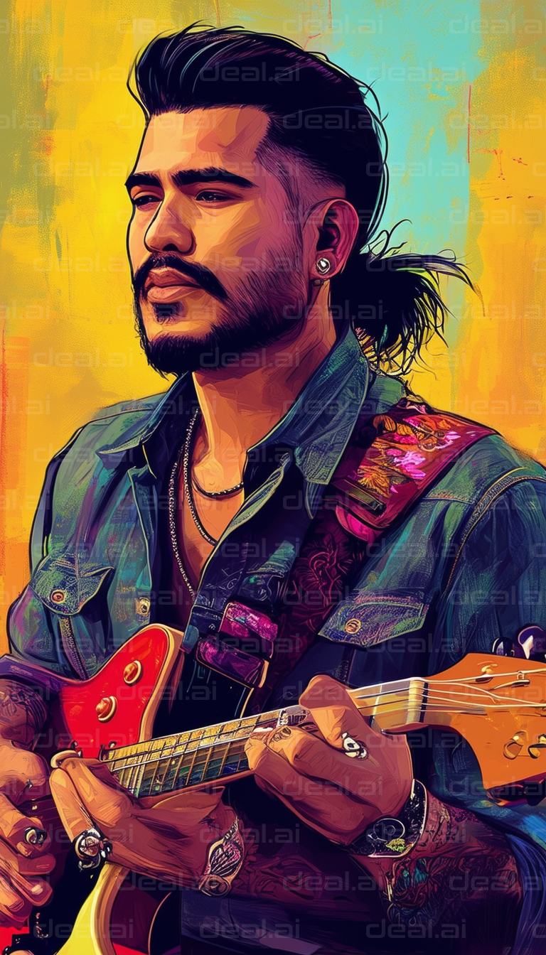 "Colorful Portrait of Guitarist in Action"