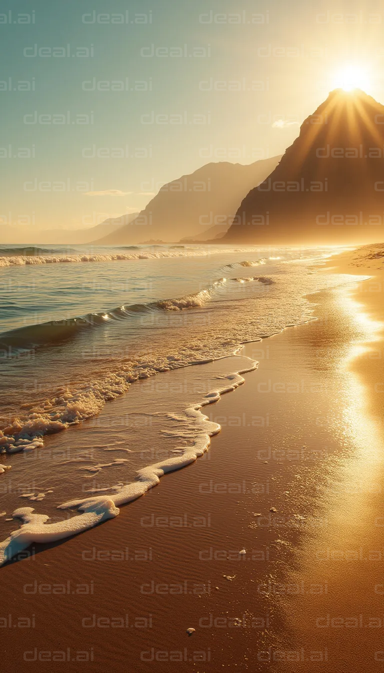 Golden Sunrise Over Serene Beach Waves