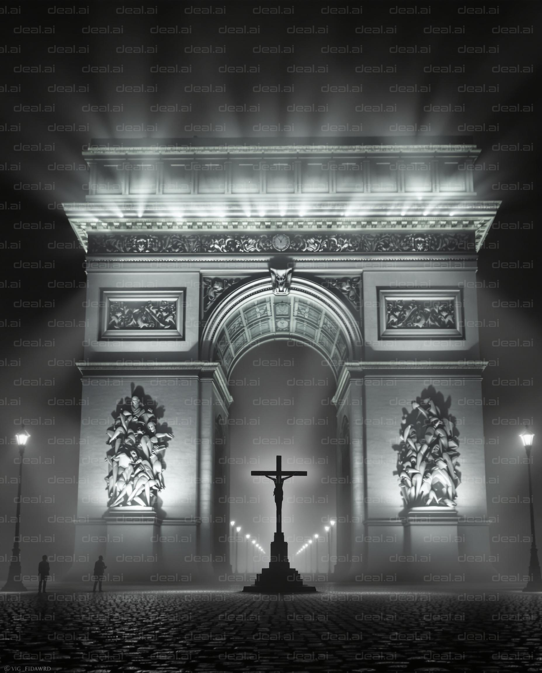 Arc de Triomphe in Misty Night Light