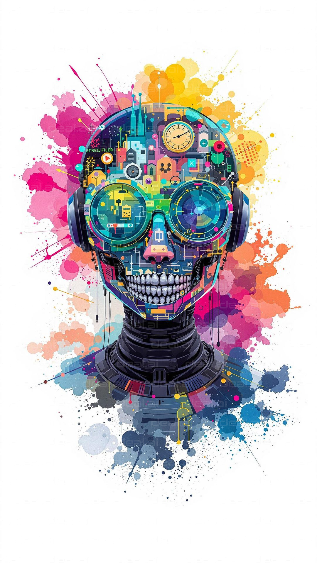 "Colorful Tech Skull Art"