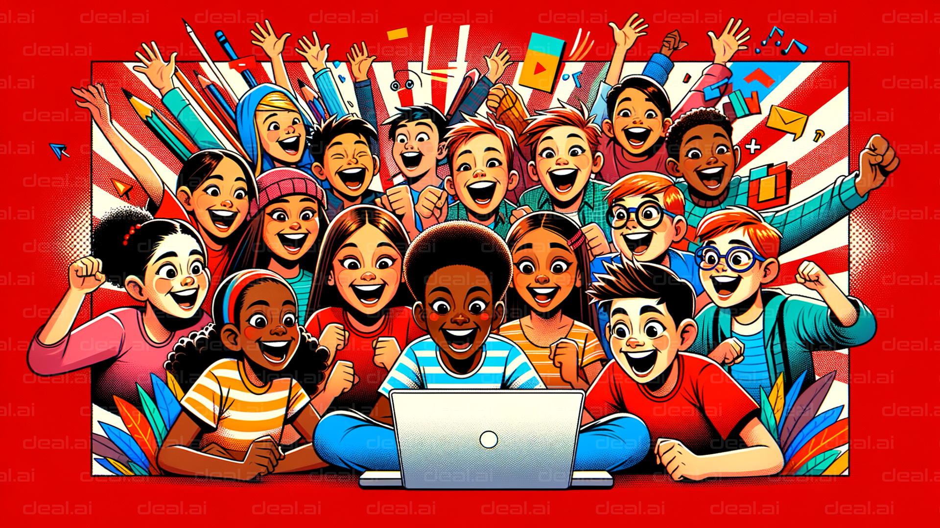 "Kids Celebrating Around Laptop Screen"