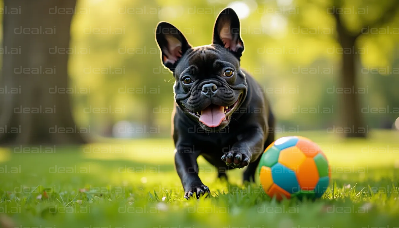 Happy French Bulldog Chasing Colorful Ball