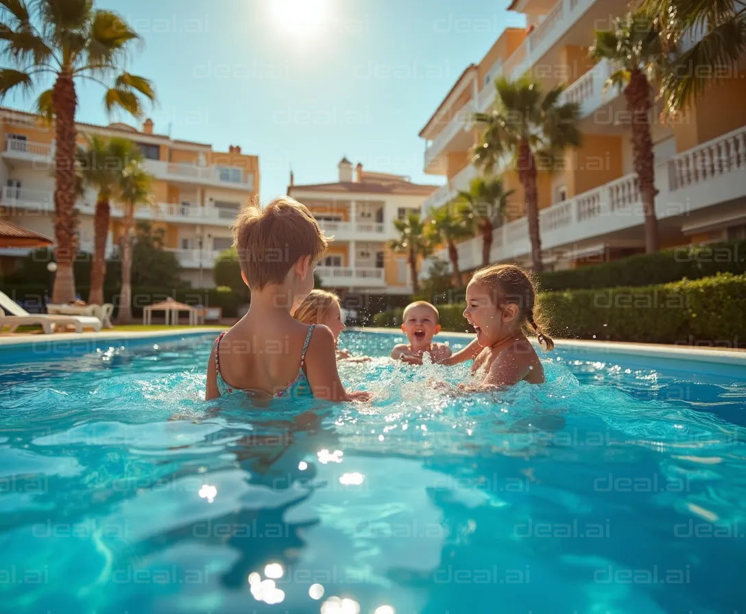 "Kids Splashing in Sunny Hotel Pool"