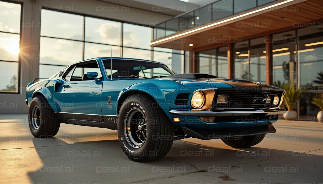 Classic Blue Muscle Car at Sunset