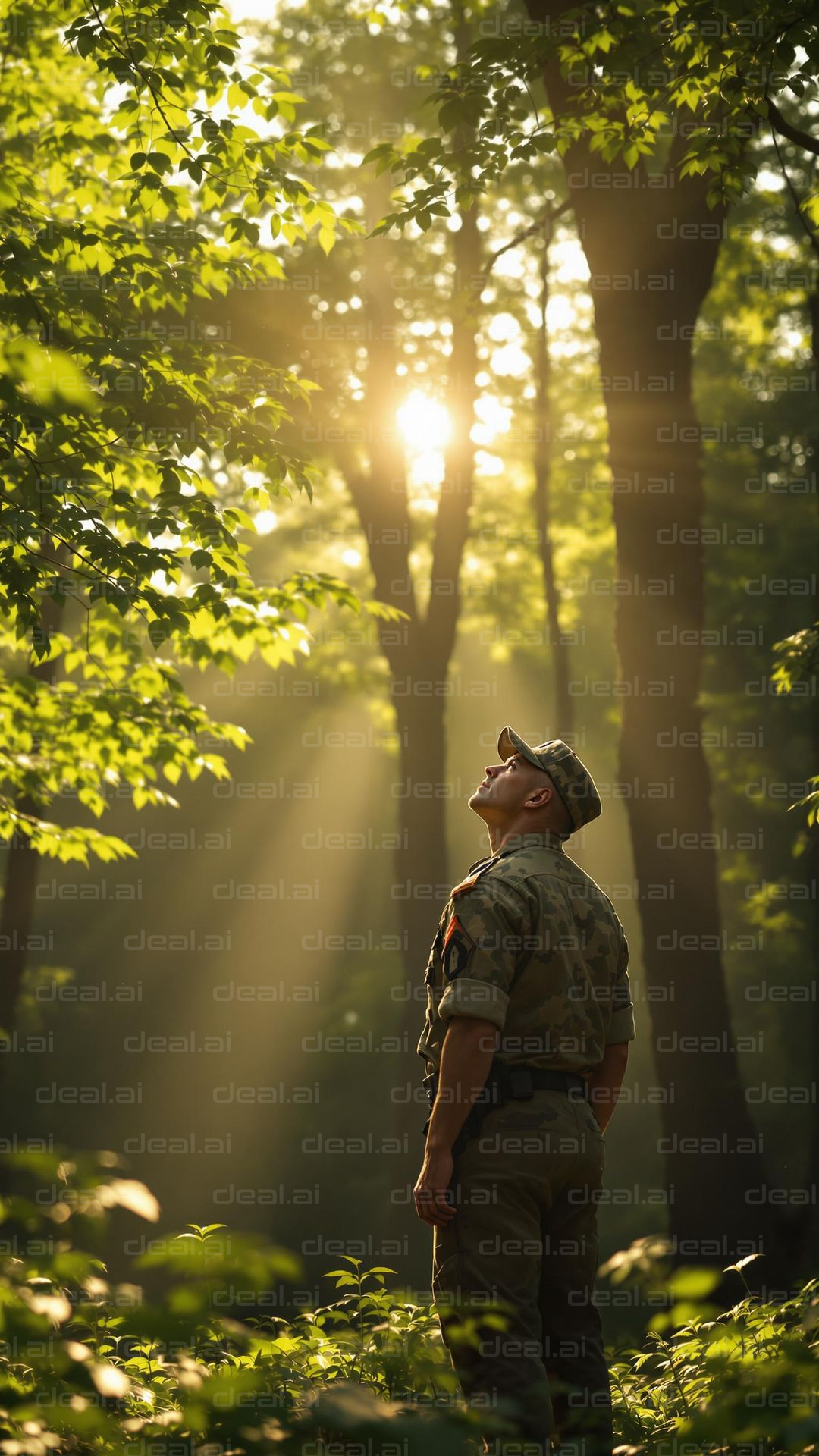 Soldier in Sunlit Forest Pathway