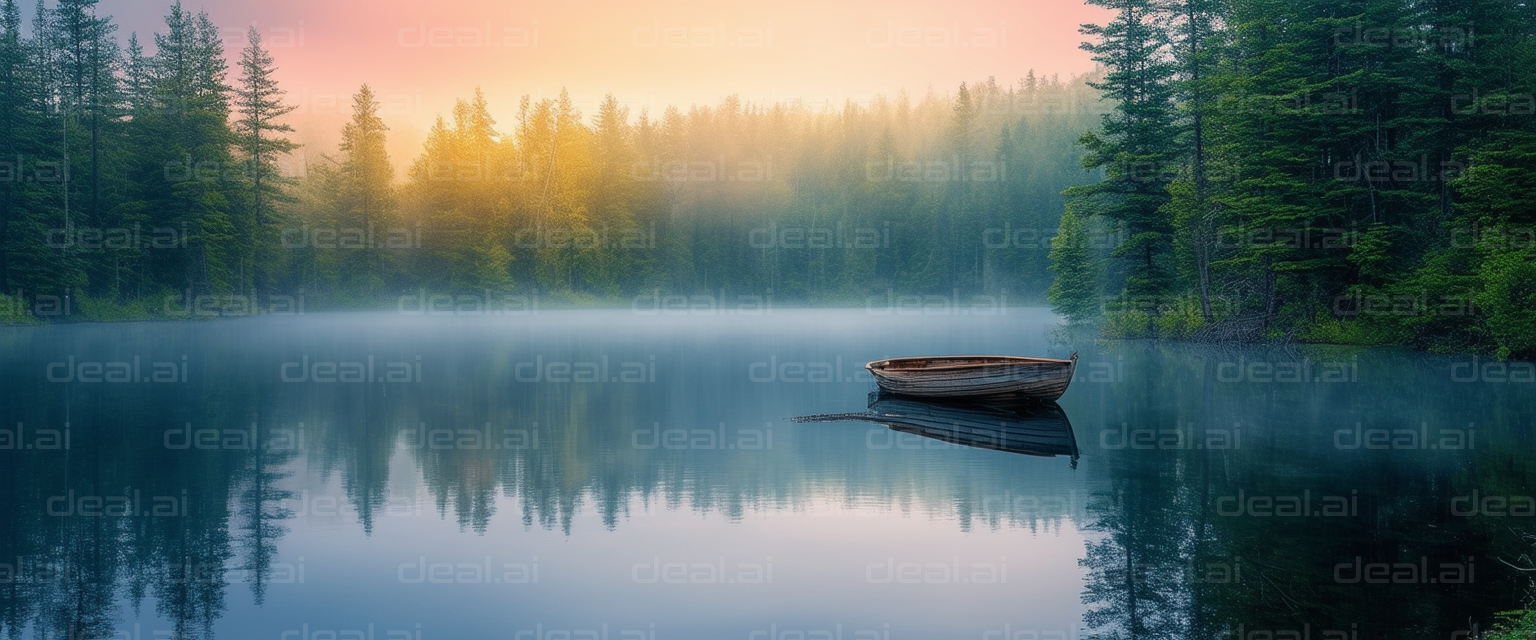 "Serene Boat at Misty Sunrise Lake"