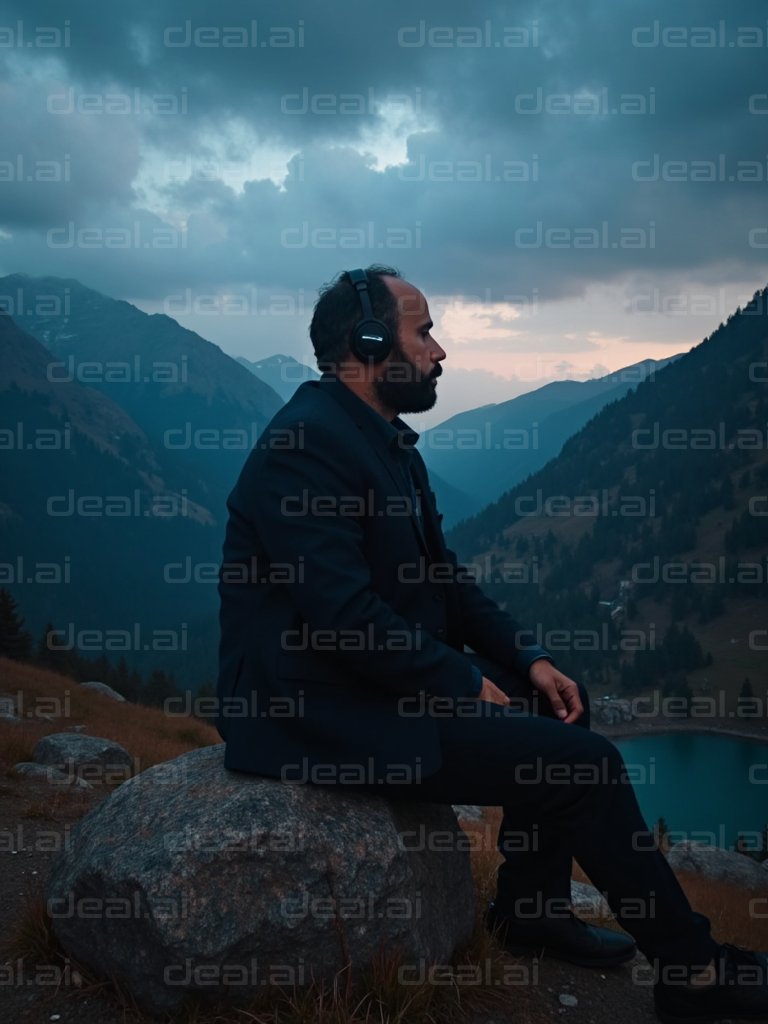 Man Relaxing with Headphones Outdoors