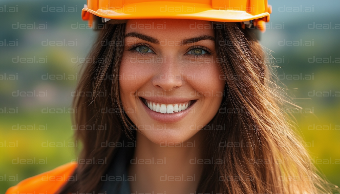 Smiling Woman in Safety Helmet Outdoors