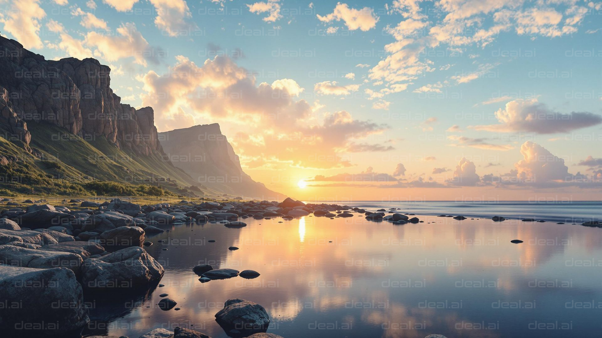 Serene Sunset Over Rocky Shore