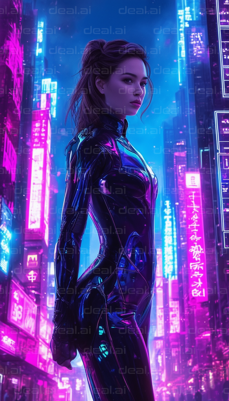 "Cyberpunk Heroine in Neon Cityscape"