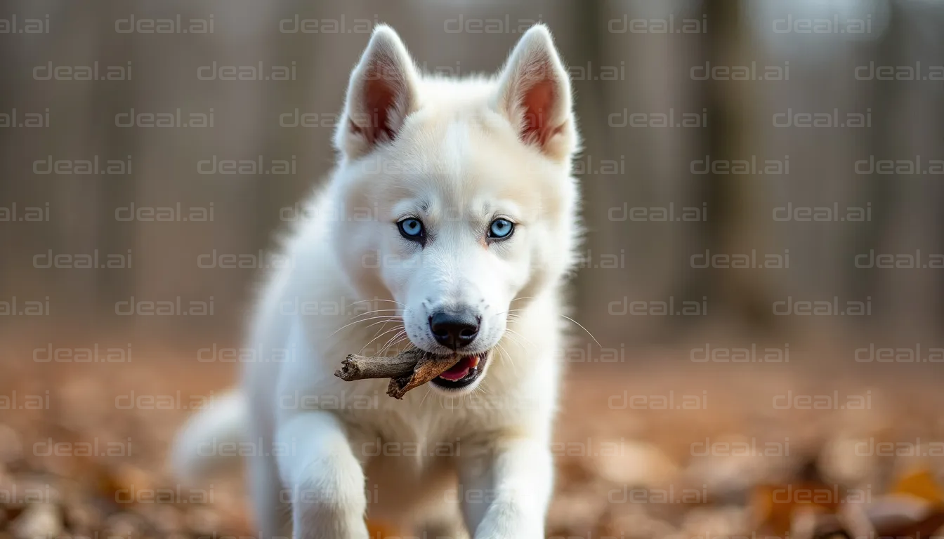 Husky Pup Plays in Autumn Leaves