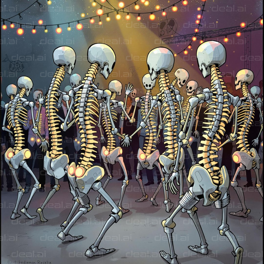 "Dancing Skeletons Under Festive Lights"