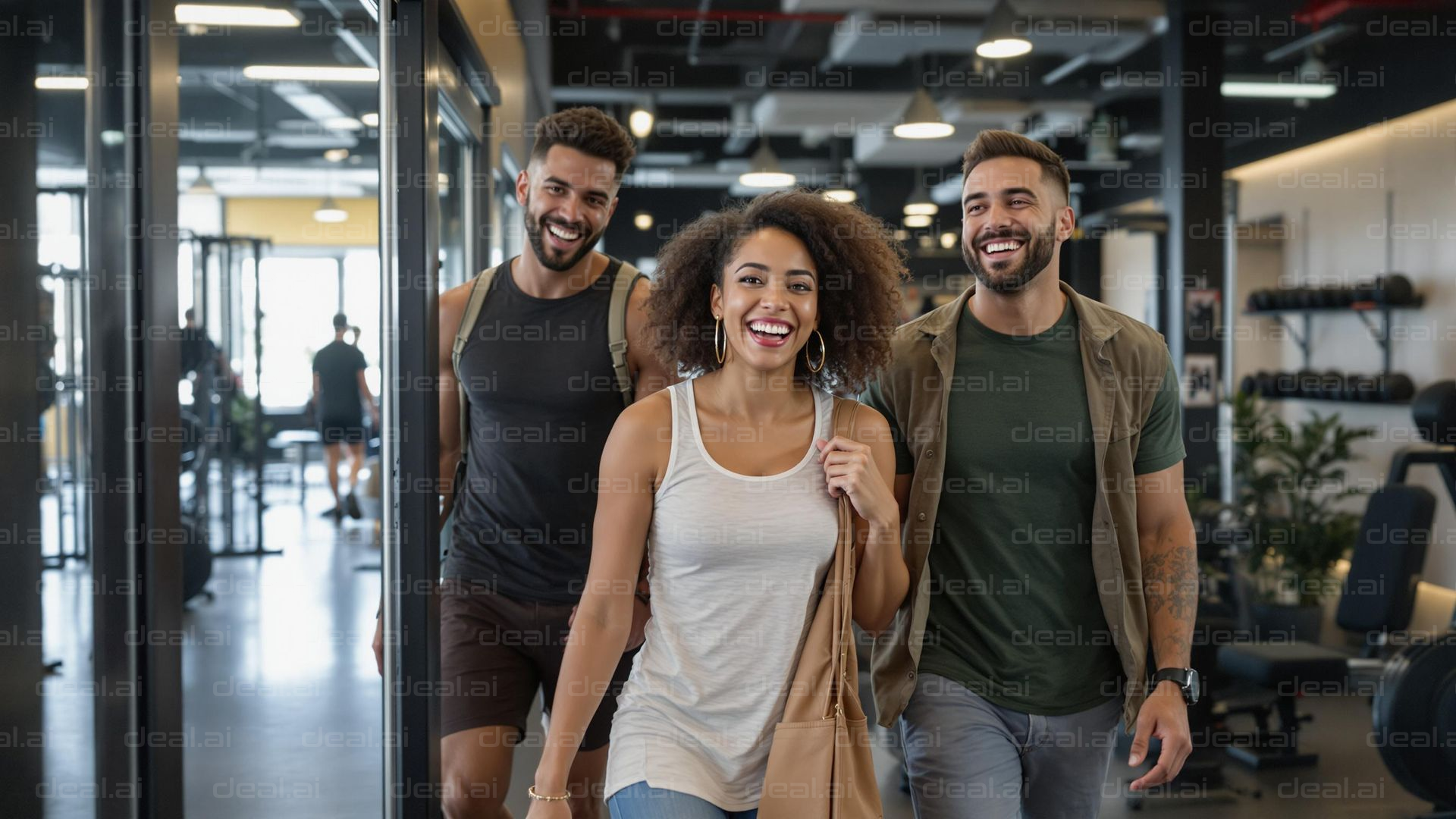 "Happy Friends at the Gym Entrance"