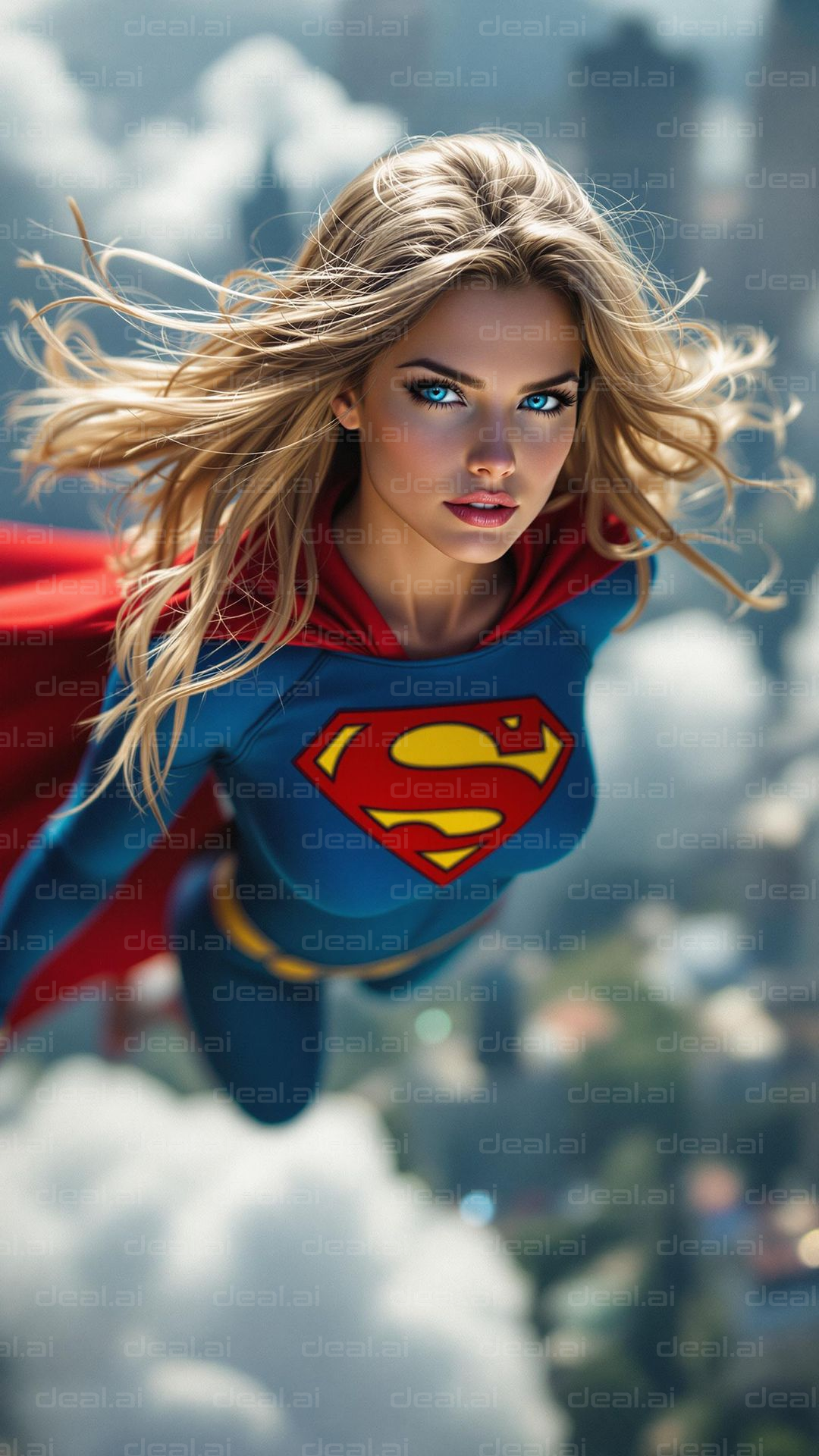 Superheroine Soaring Through Skies