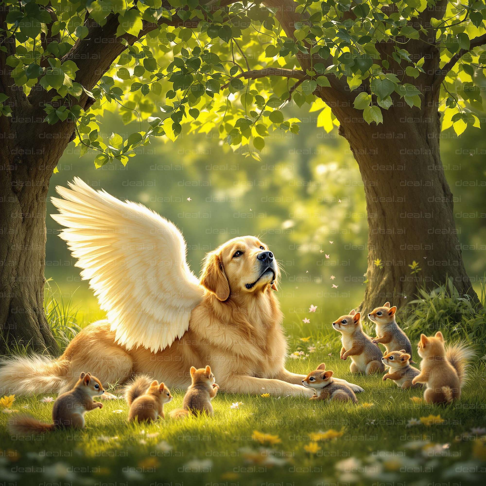 "Angel Dog with Squirrel Friends"