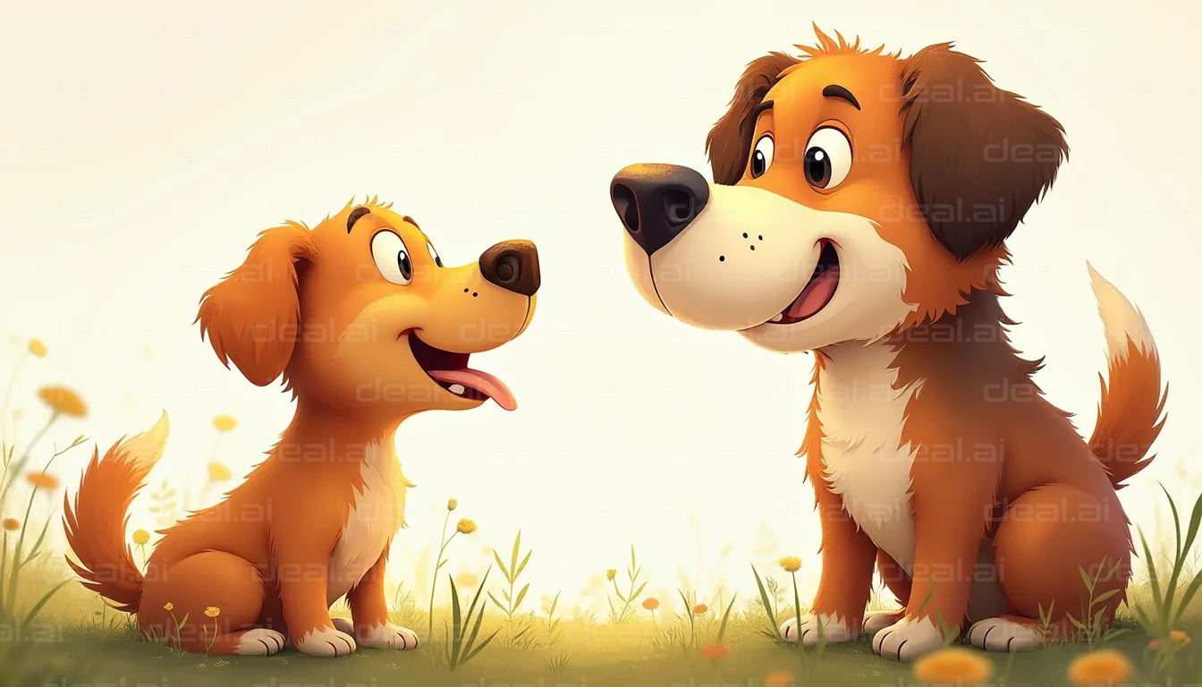 "Happy Cartoon Dogs in a Meadow"