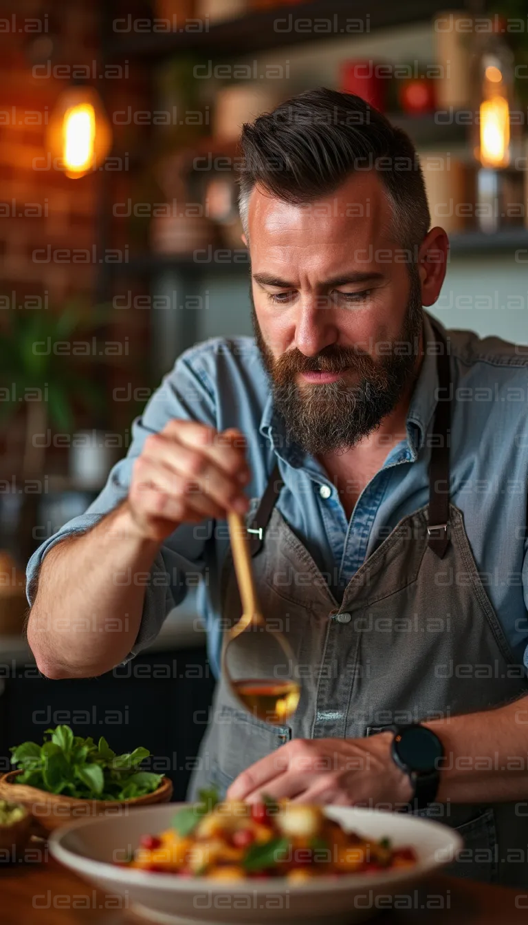 Chef Drizzling Olive Oil on Dish